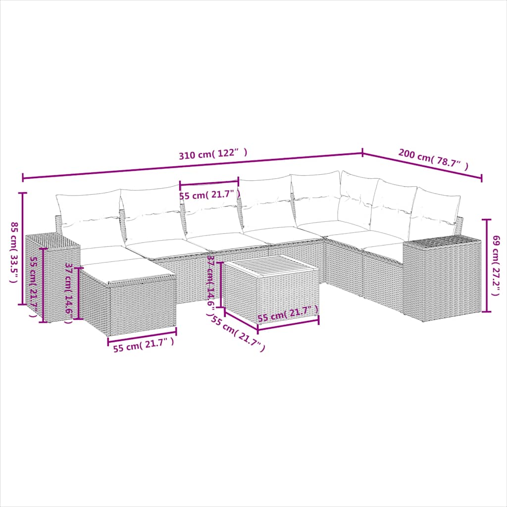 9-delige tuinbankset met kussens, grijs polyrotan