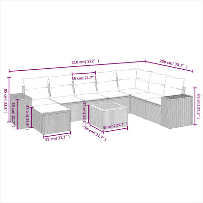 9-delige tuinbankset met kussens, grijs polyrotan