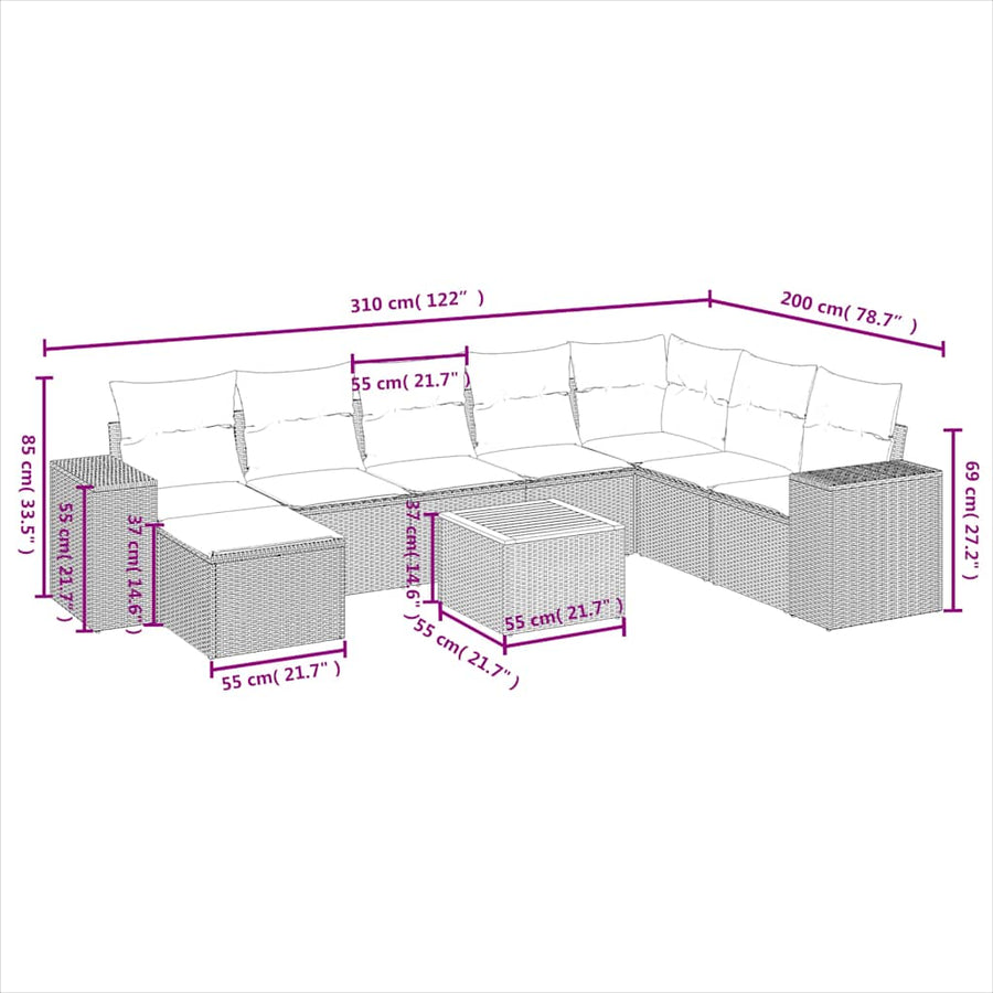 9-delige tuinbankset met kussens, grijs polyrotan