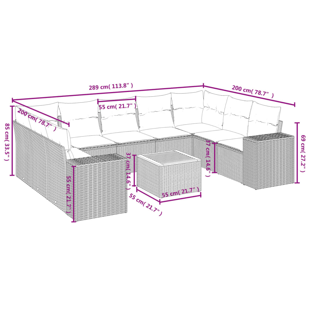10-delige tuinbankset met kussens, grijs polyrotan