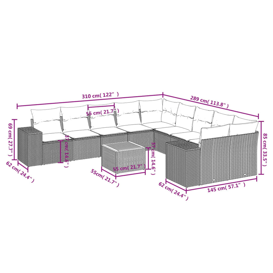 10-Delige Loungeset Met Kussens Poly Rattan Grijs