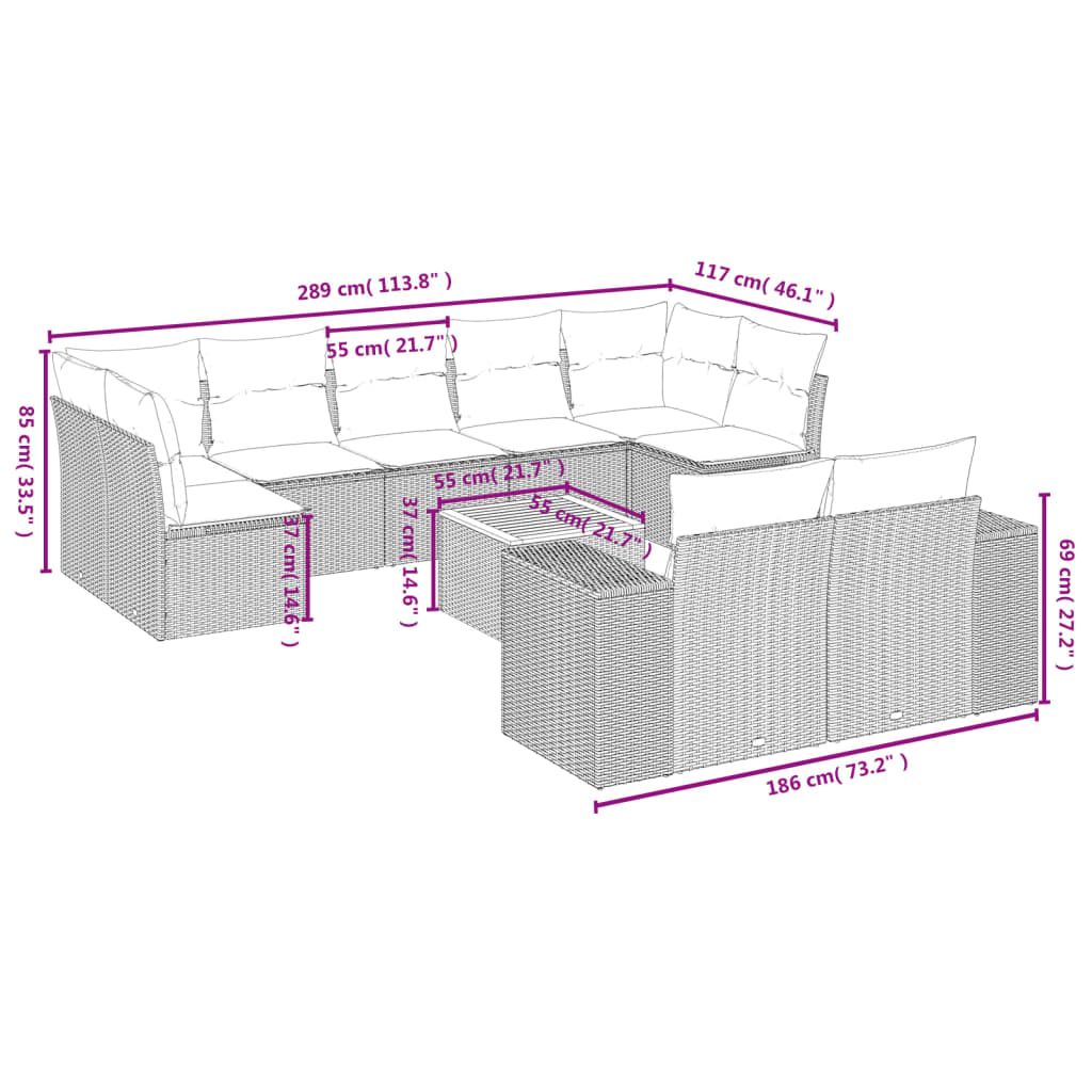10-delige tuinbankset met kussens, grijs polyrotan
