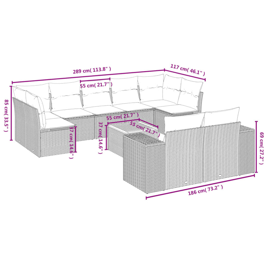 10-delige tuinbankset met kussens, grijs polyrotan