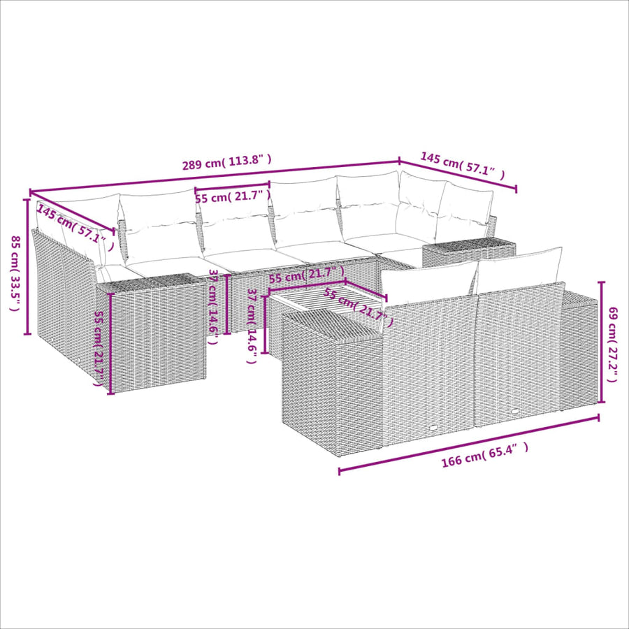 10-Delige Loungeset Met Kussens Poly Rattan Zwart