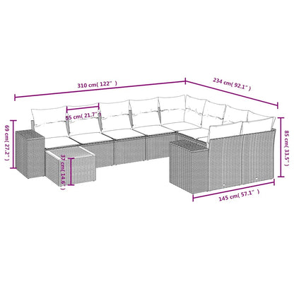 10-delige tuinbankset met kussens, grijs polyrotan