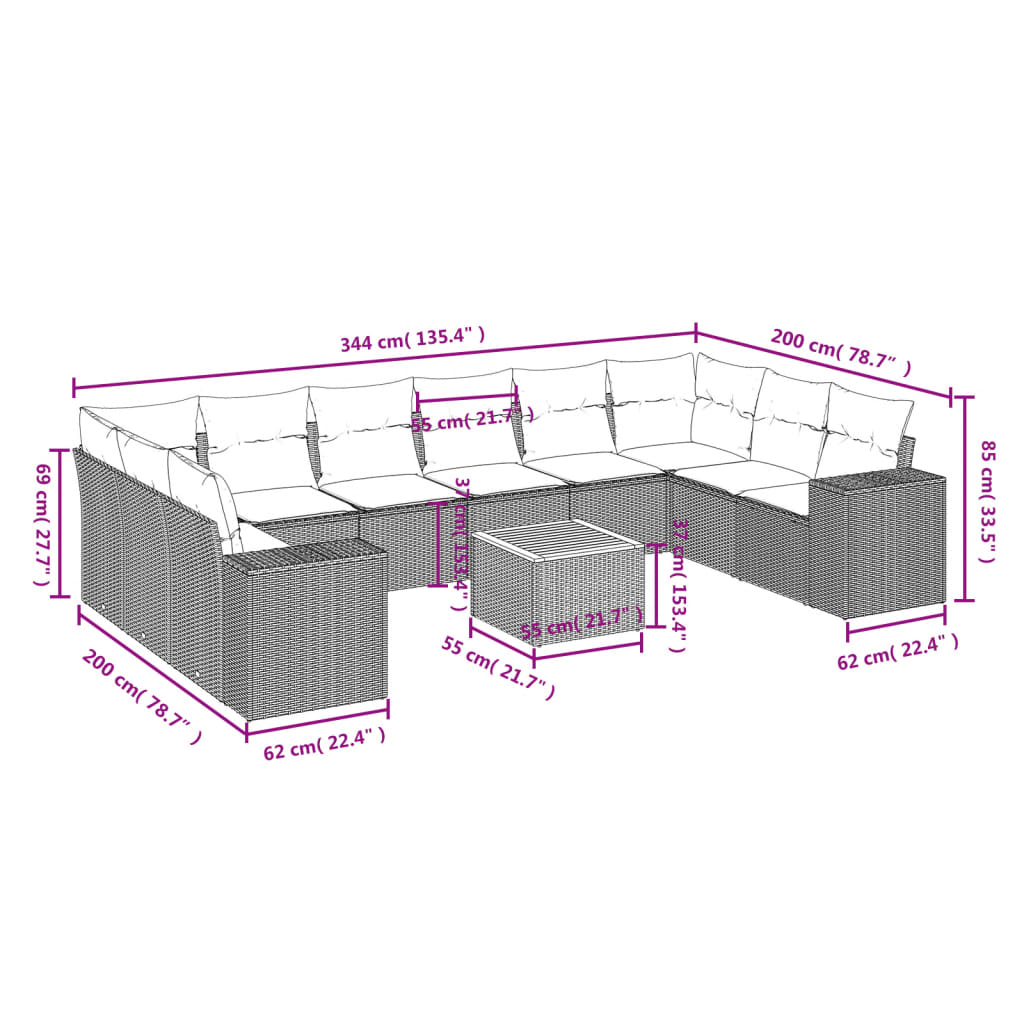 11-Delige Tuinset Met Kussens Poly Rattan Beige