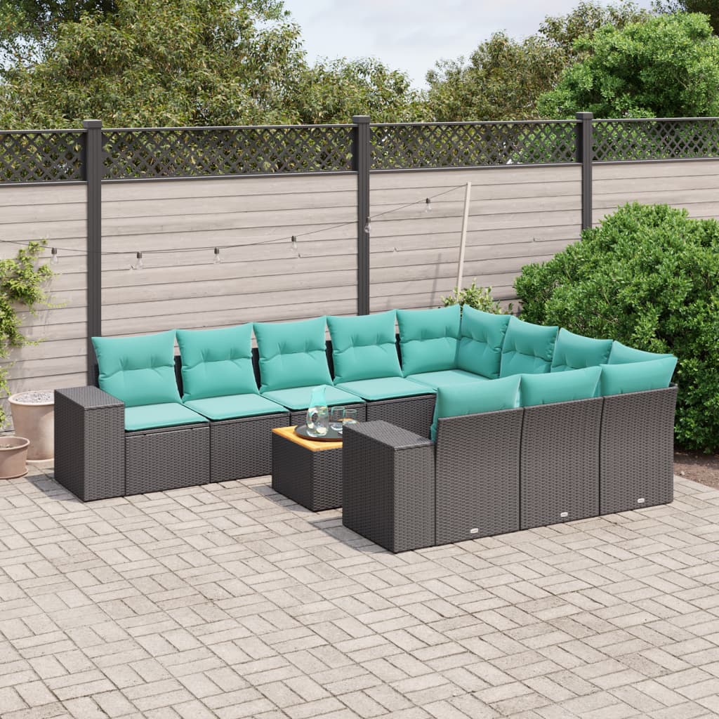11-delige tuinbankset met kussens, zwart polyrotan