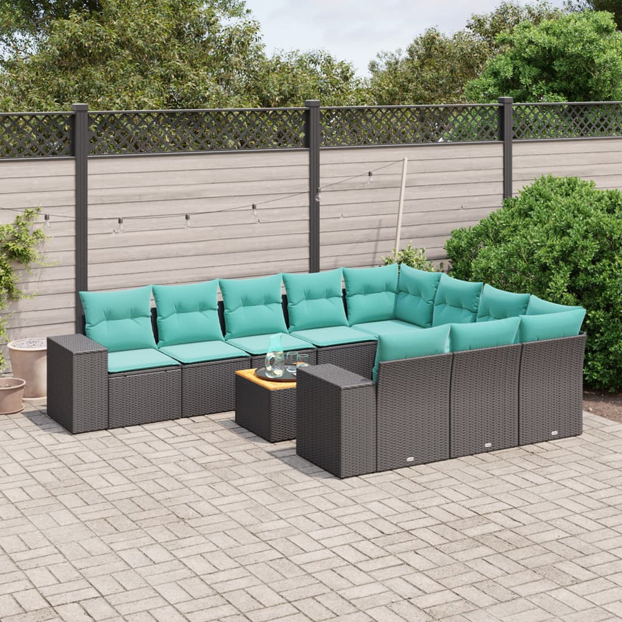 11-delige tuinbankset met kussens, zwart polyrotan