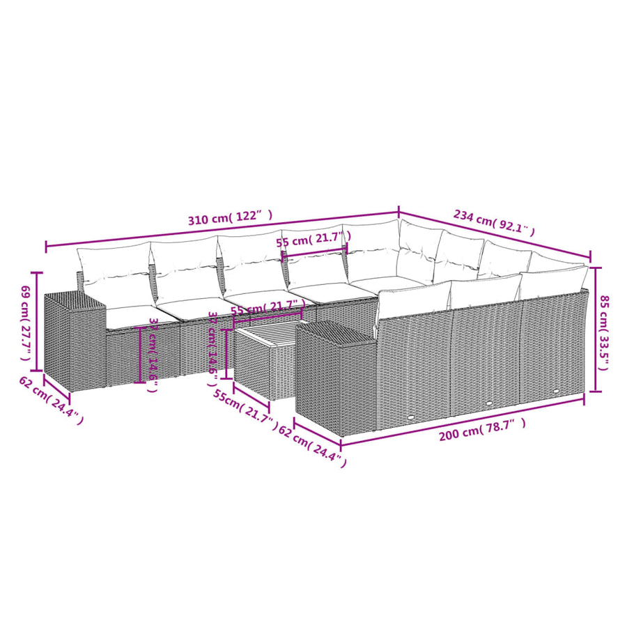 11-Delige Tuinset Met Kussens Poly Rattan Beige
