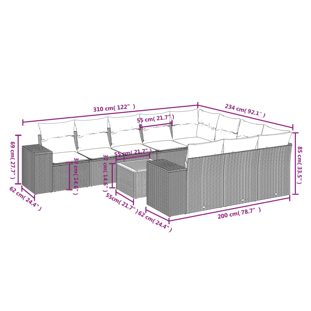 11-delige tuinbankset met kussens, grijs polyrotan