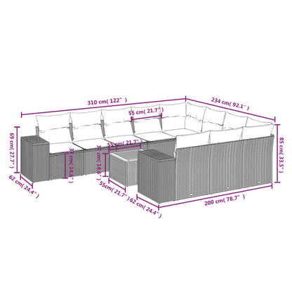 11-delige tuinbankset met kussens, grijs polyrotan
