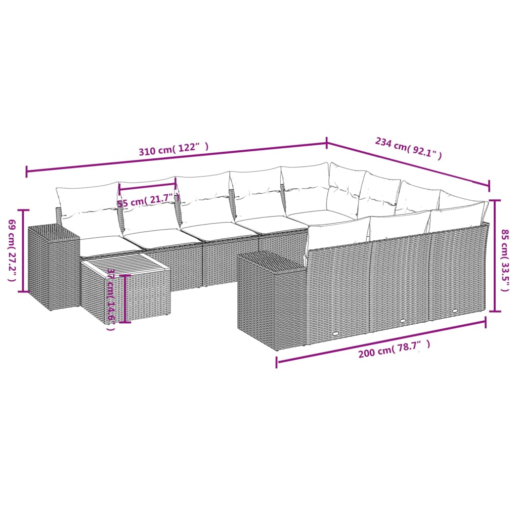 11-delige tuinbankset met kussens, zwart polyrotan