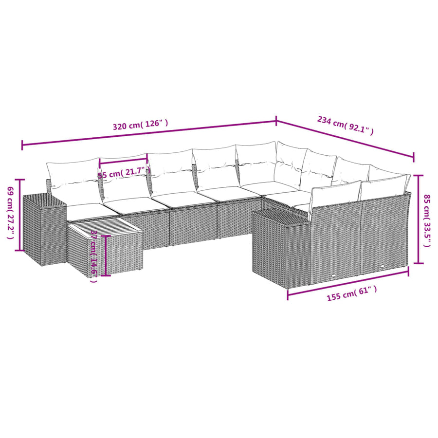 11-Delige Tuinset Met Kussens Poly Rattan Beige
