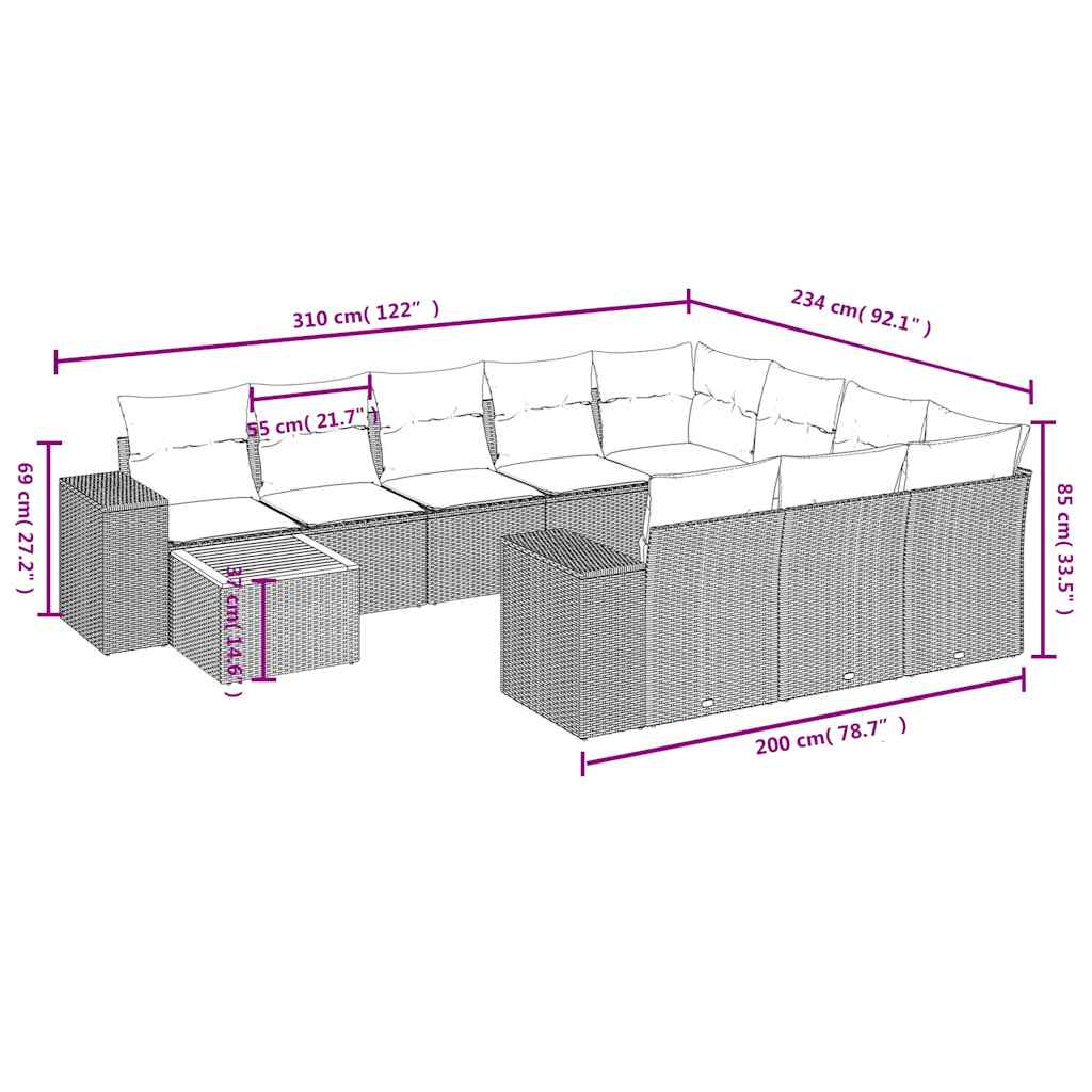 11-delige tuinbankset met kussens, grijs polyrotan