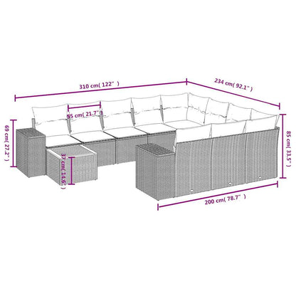 11-delige tuinbankset met kussens, grijs polyrotan