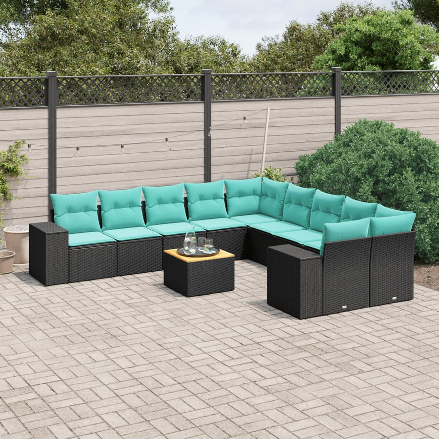11-delige tuinbankset met kussens, zwart polyrotan