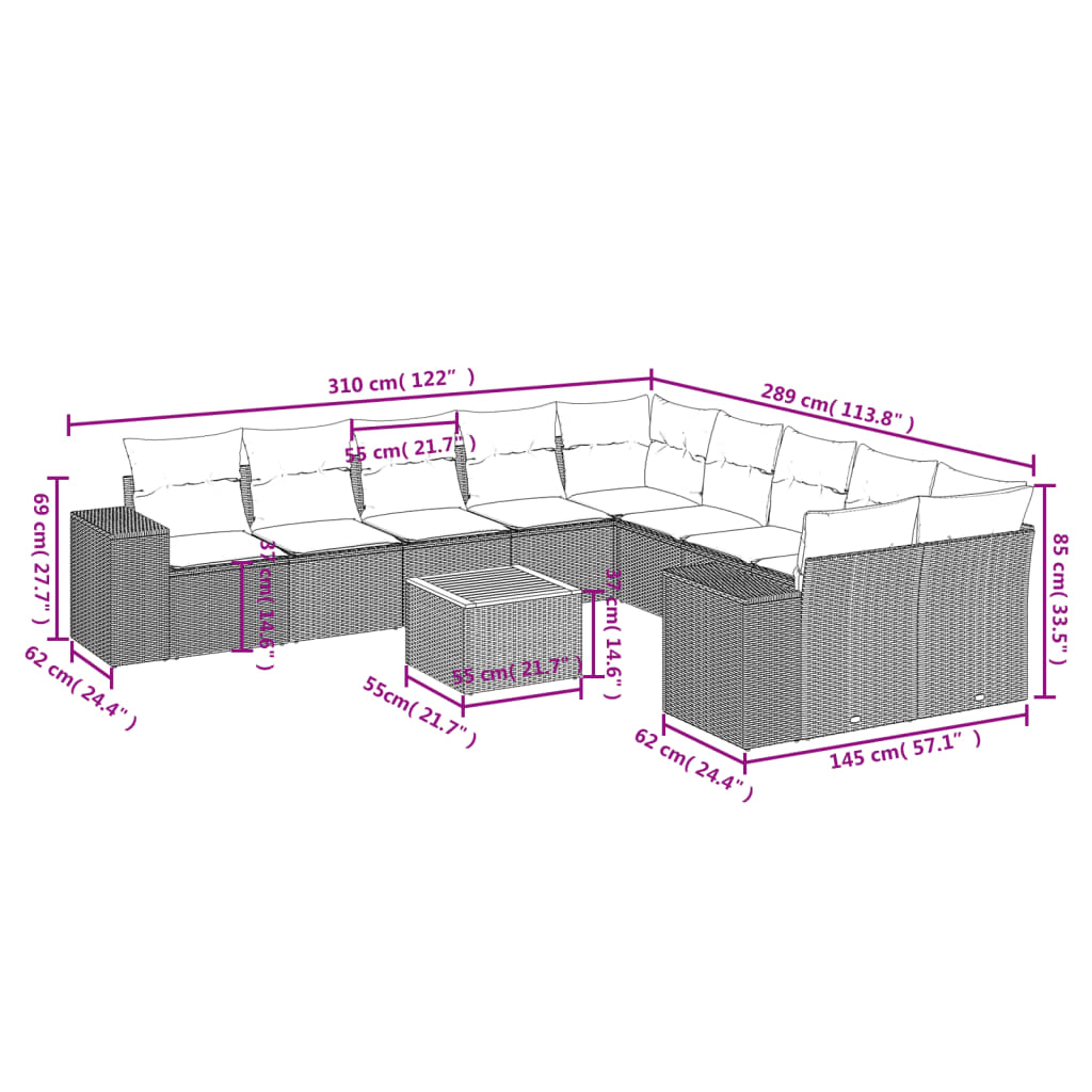 11-Delige Tuinset Met Kussens Poly Rattan Beige