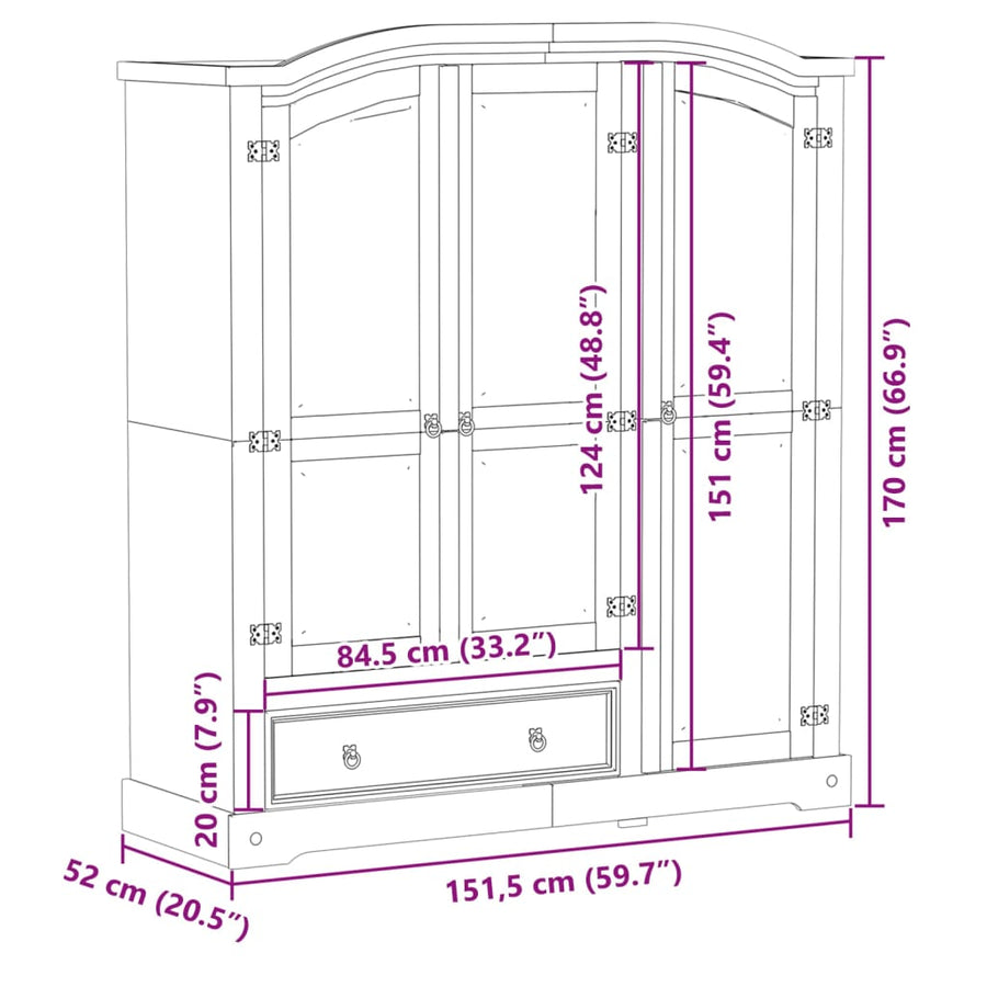 Kledingkast Corona 151,5x52x170 cm massief grenenhout