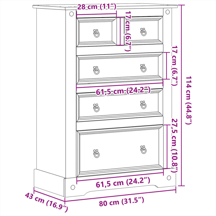 Ladekast Corona 80x43x114 cm massief grenenhout