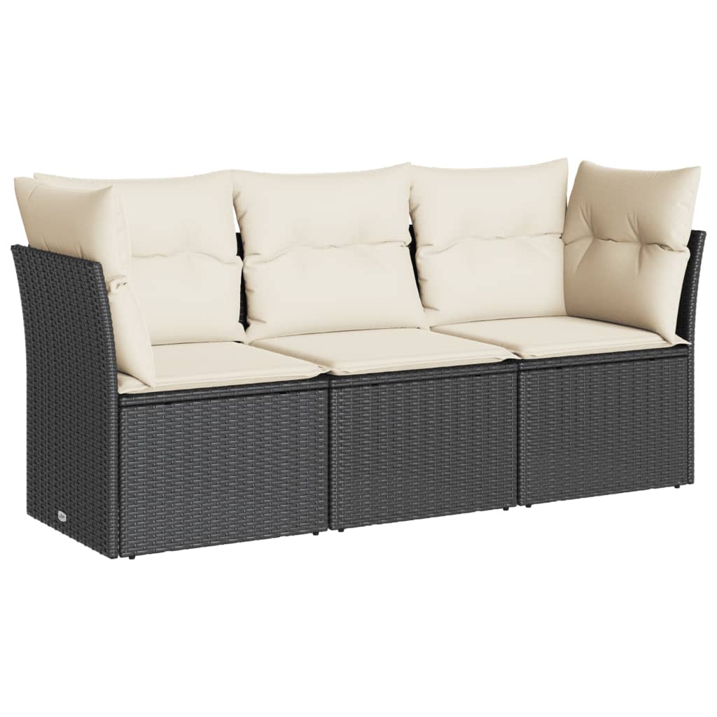 3-delige Loungeset met kussens poly rattan zwart Zwart en crème Zonder tafel