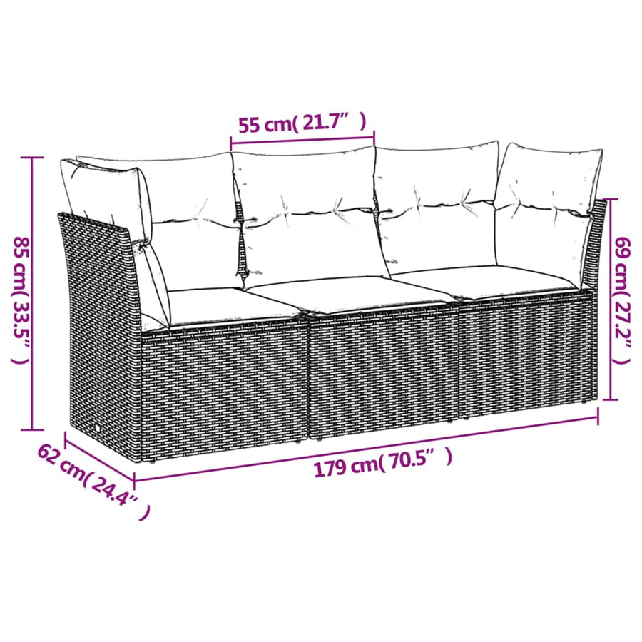 3-delige Loungeset met kussens poly rattan bruin Bruin en crème Zonder tafel