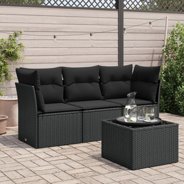 4-delige Loungeset met kussens poly rattan zwart