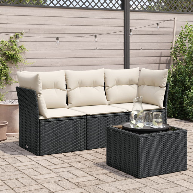 4-delige Loungeset met kussens poly rattan zwart 1 Zwart en crème