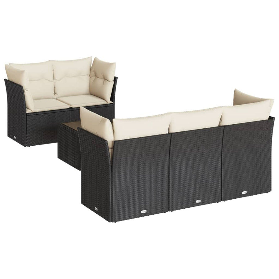 6-delige Loungeset met kussens poly rattan zwart Zwart en crème