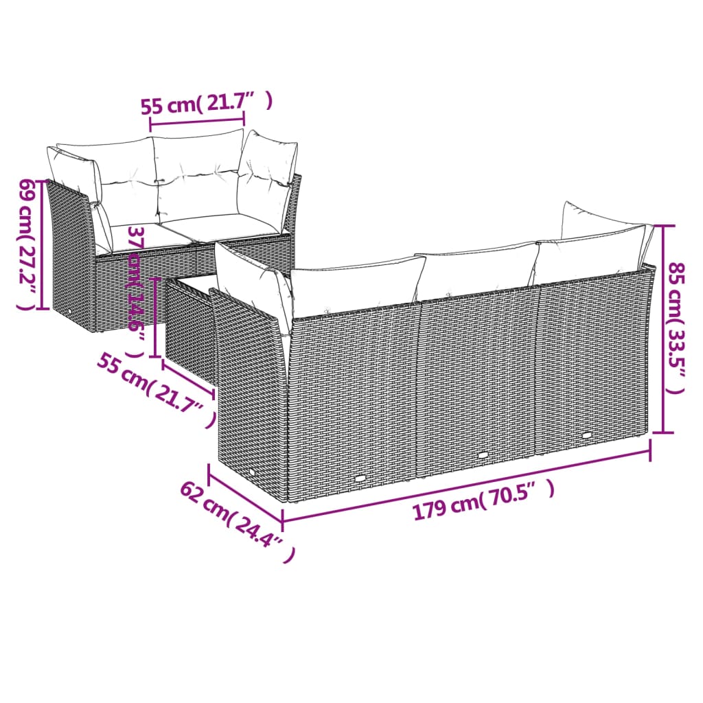 6-delige Loungeset met kussens poly rattan zwart Zwart en crème