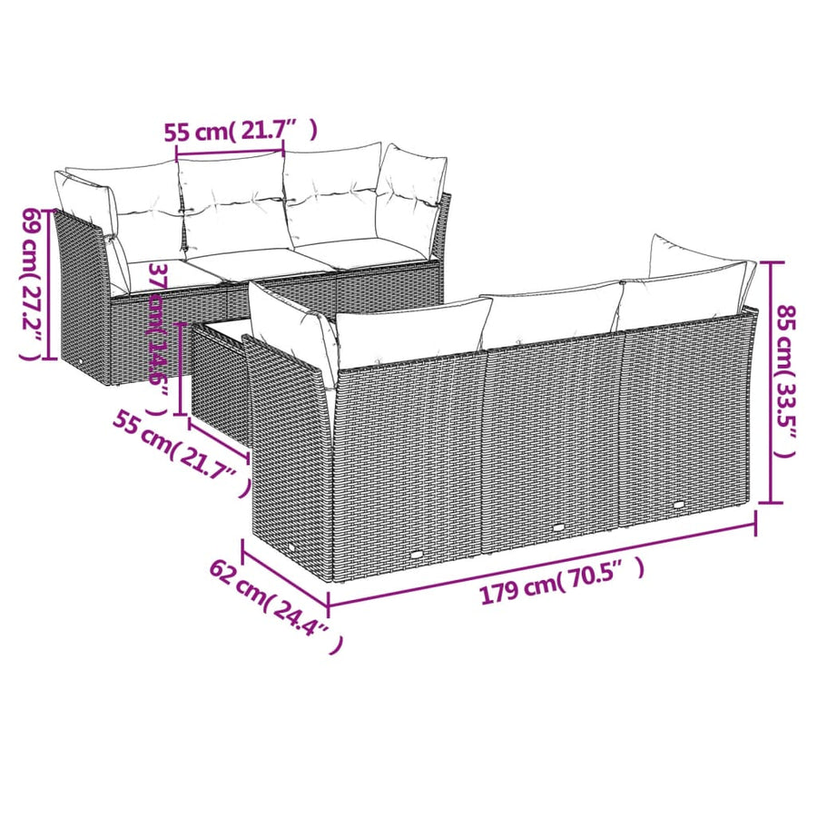 7-Delige Loungeset Met Kussens Poly Rattan Grijs