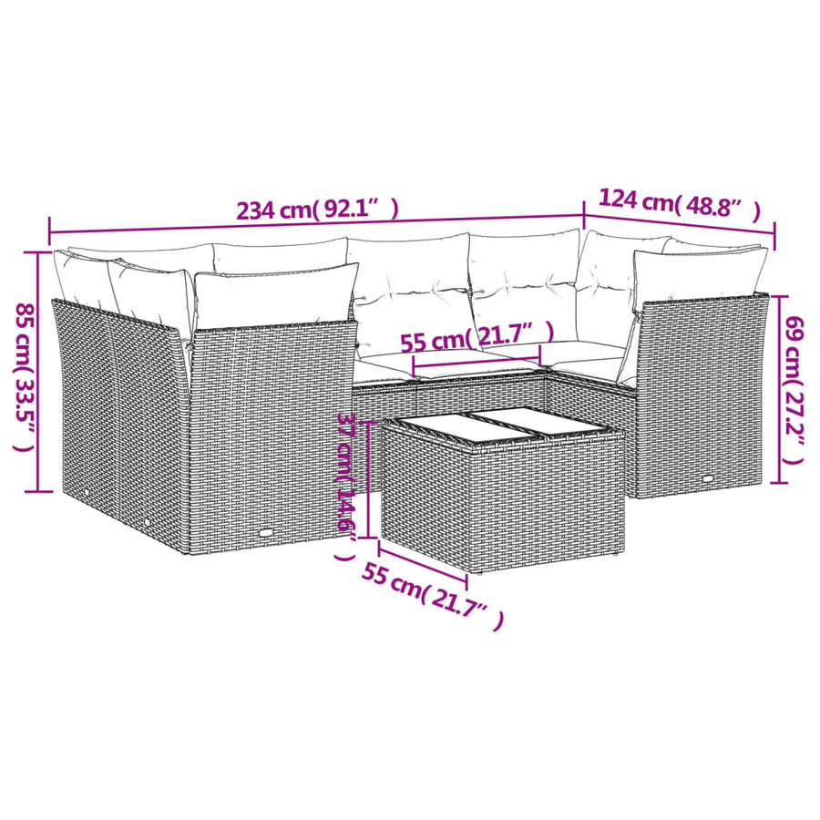 7-Delige Loungeset Met Kussens Poly Rattan Grijs