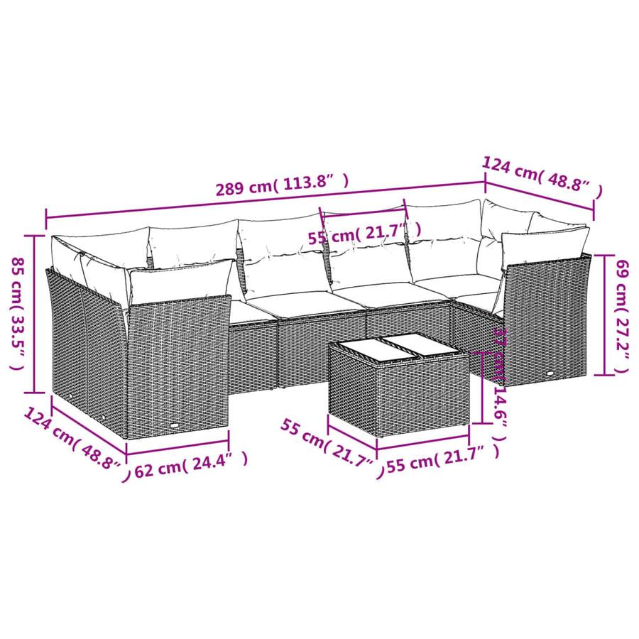 8-delige Loungeset met kussens poly rattan lichtgrijs