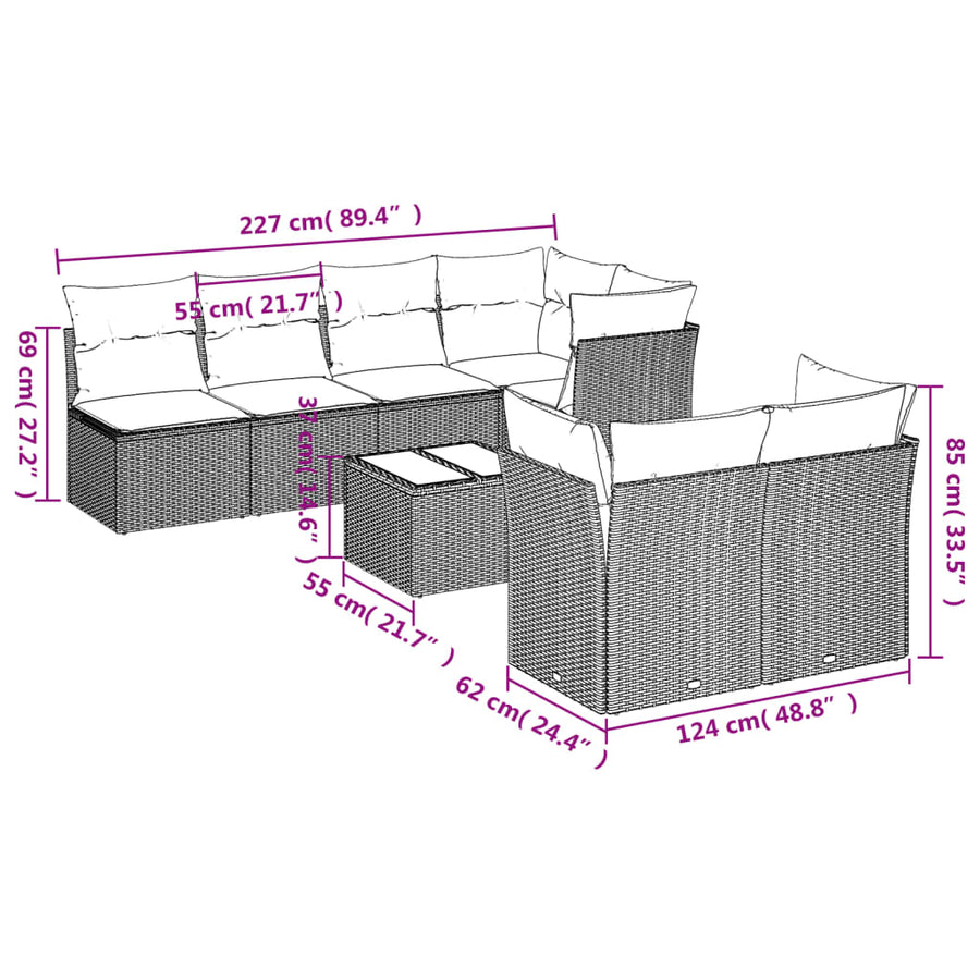 8-delige Loungeset met kussens poly rattan lichtgrijs