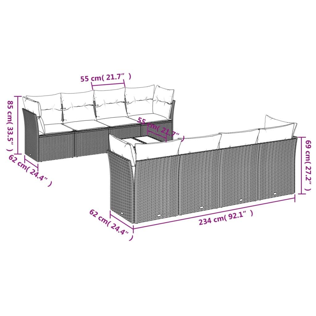 9-delige Loungeset met kussens poly rattan lichtgrijs