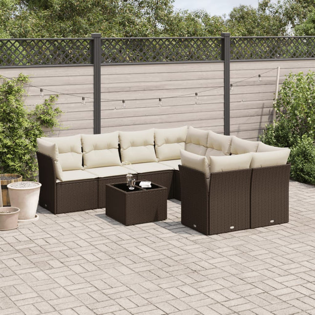 9-delige Loungeset met kussens poly rattan bruin