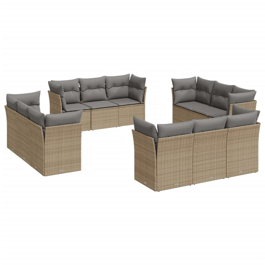 12-delige Loungeset met kussens poly rattan beige Beige en grijs Zonder tafel