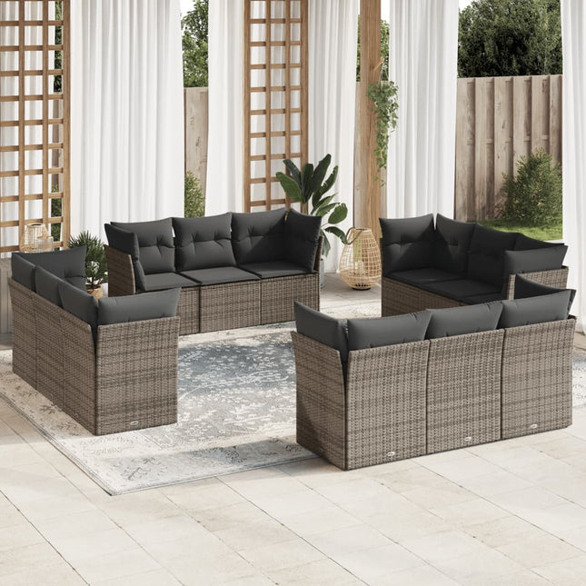 12-delige Loungeset met kussens poly rattan grijs Grijs Zonder tafel