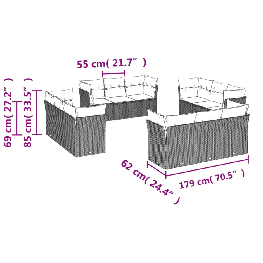 12-delige Loungeset met kussens poly rattan bruin Bruin en crème