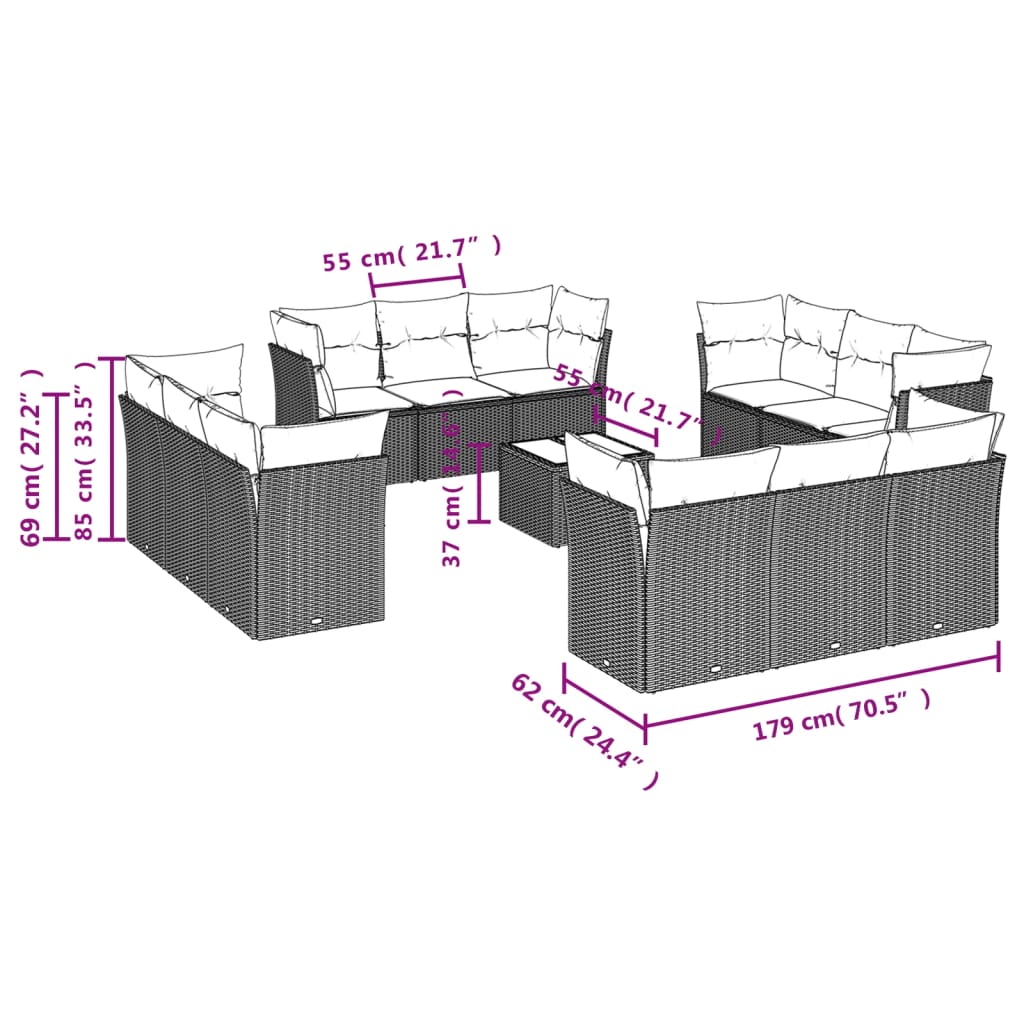 13-delige Loungeset met kussens poly rattan zwart