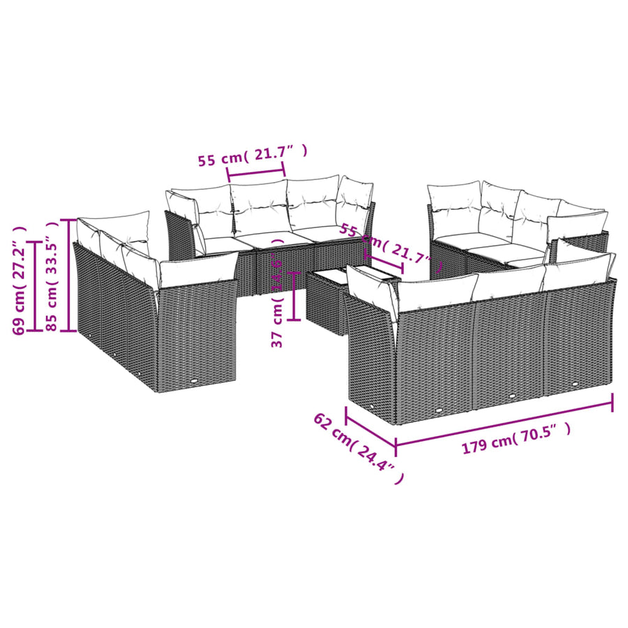 13-delige Loungeset met kussens poly rattan bruin