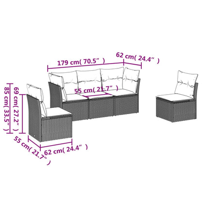 5-delige Loungeset met kussens poly rattan bruin 1 Bruin en crème