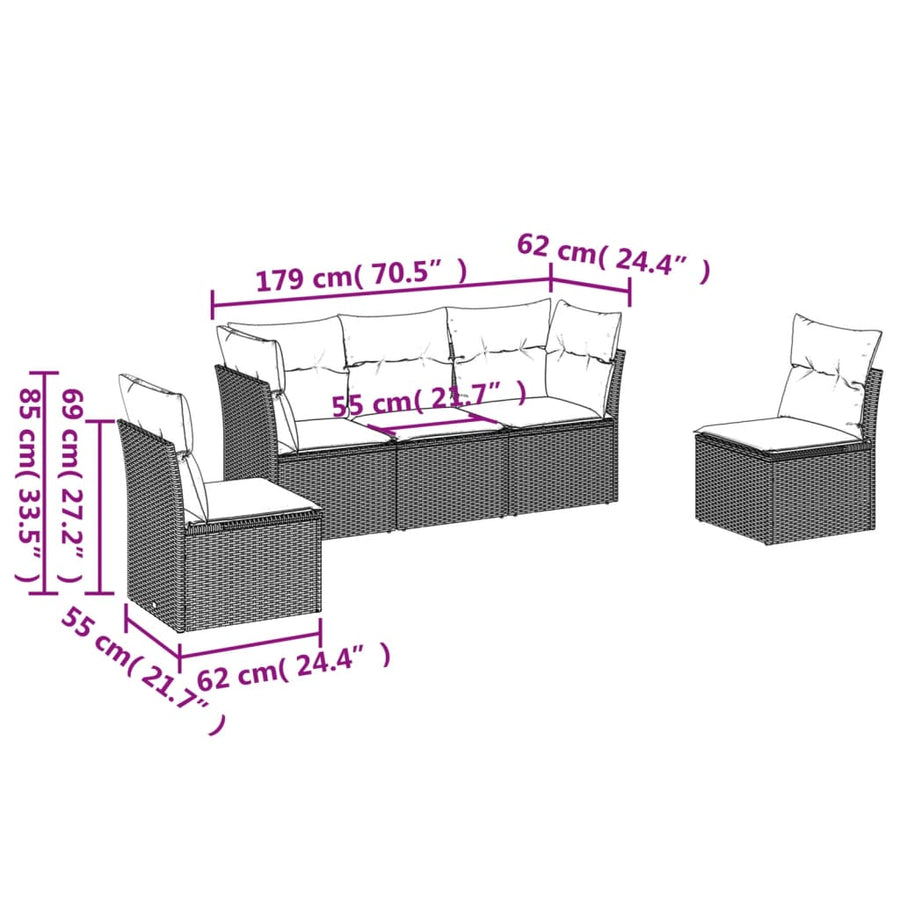 5-delige Loungeset met kussens poly rattan bruin 1 Bruin en crème