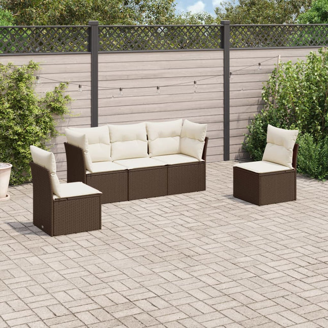 5-delige Loungeset met kussens poly rattan bruin 1 Bruin en crème