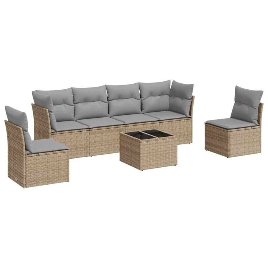 7-delige Loungeset met kussens poly rattan beige Beige en grijs Met tafel