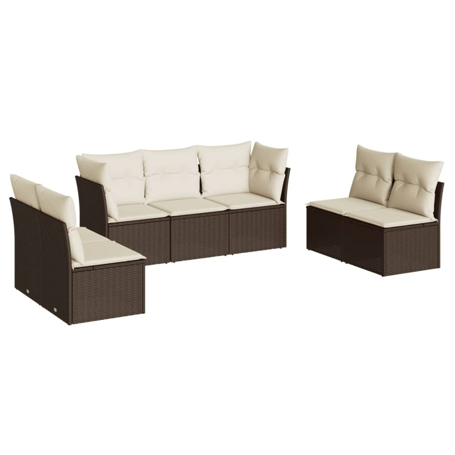 7-delige Loungeset met kussens poly rattan bruin Bruin en crème Zonder tafel
