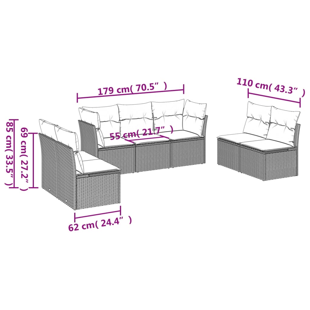 7-delige Loungeset met kussens poly rattan bruin Bruin en crème Zonder tafel