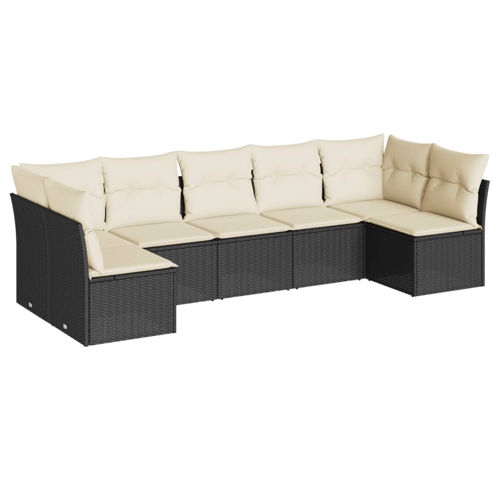7-delige Loungeset met kussens poly rattan zwart Zwart en crème Zonder tafel
