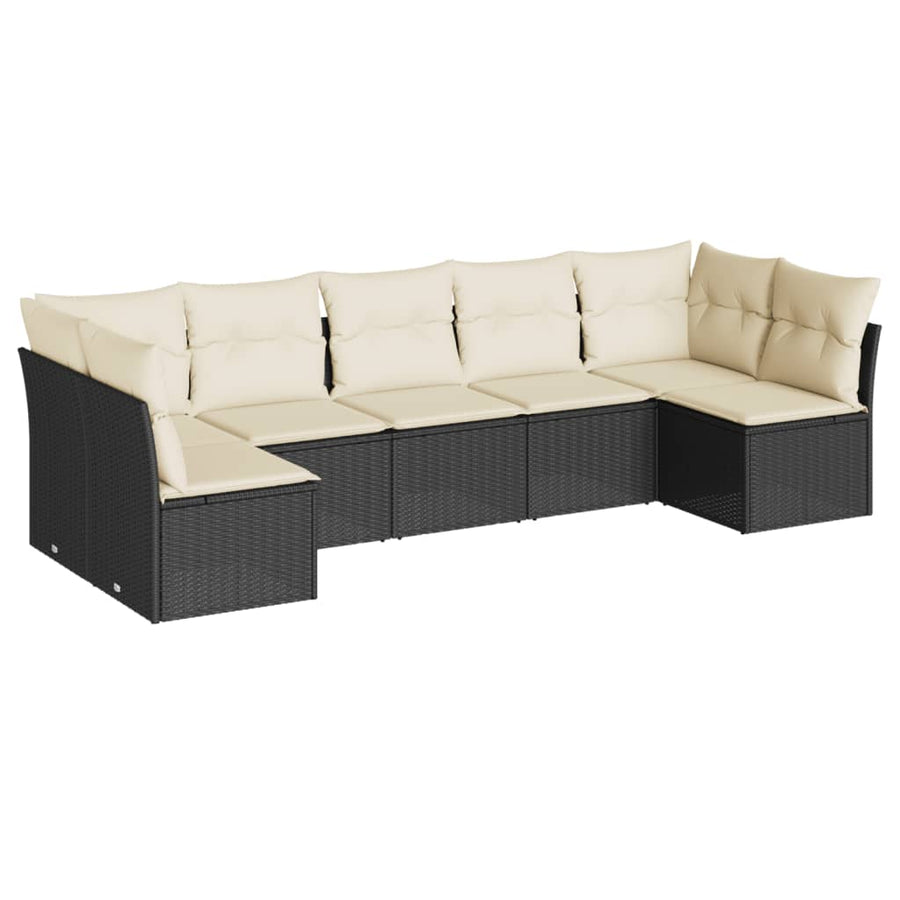 7-delige Loungeset met kussens poly rattan zwart Zwart en crème Zonder tafel