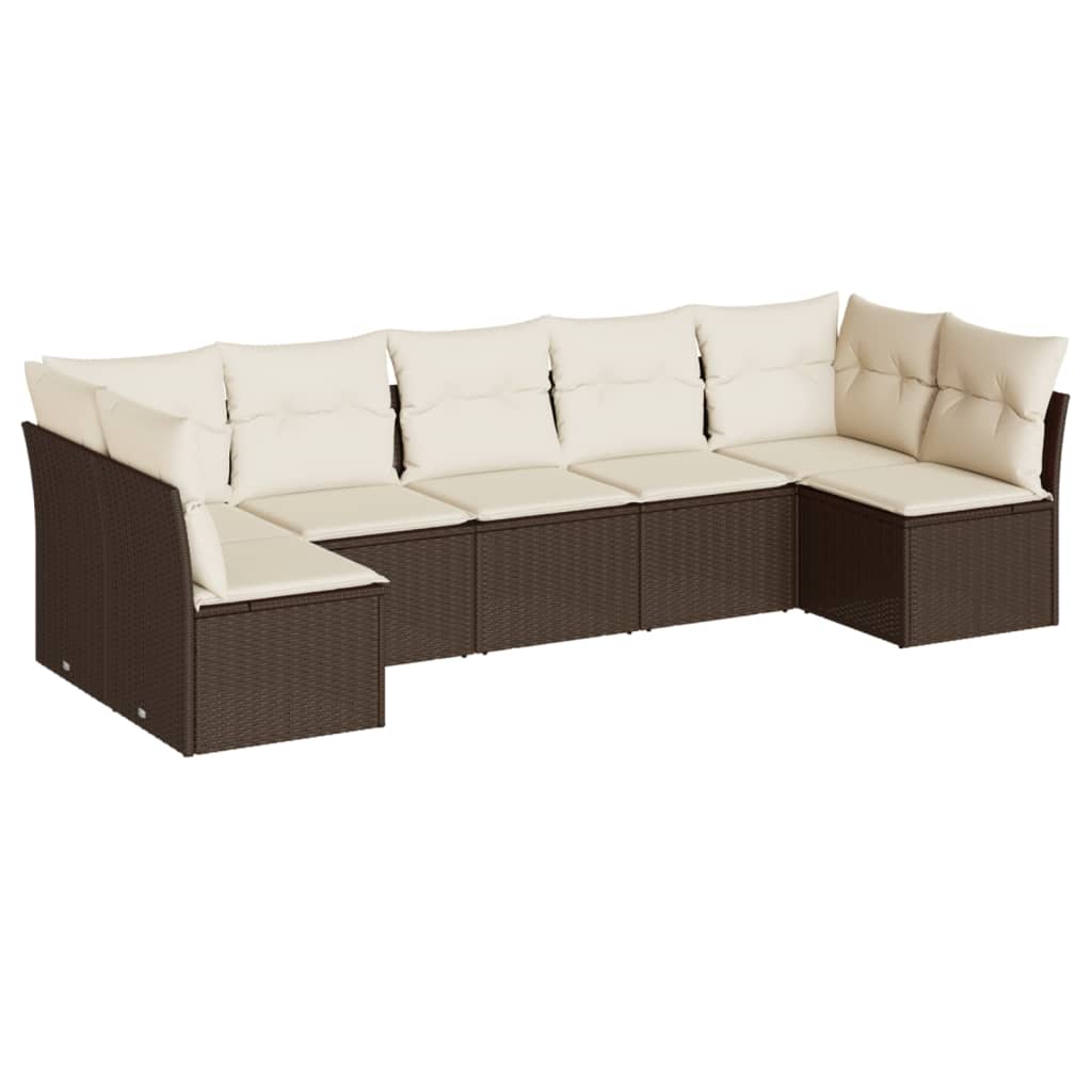 7-delige Loungeset met kussens poly rattan bruin Bruin en crème Zonder tafel