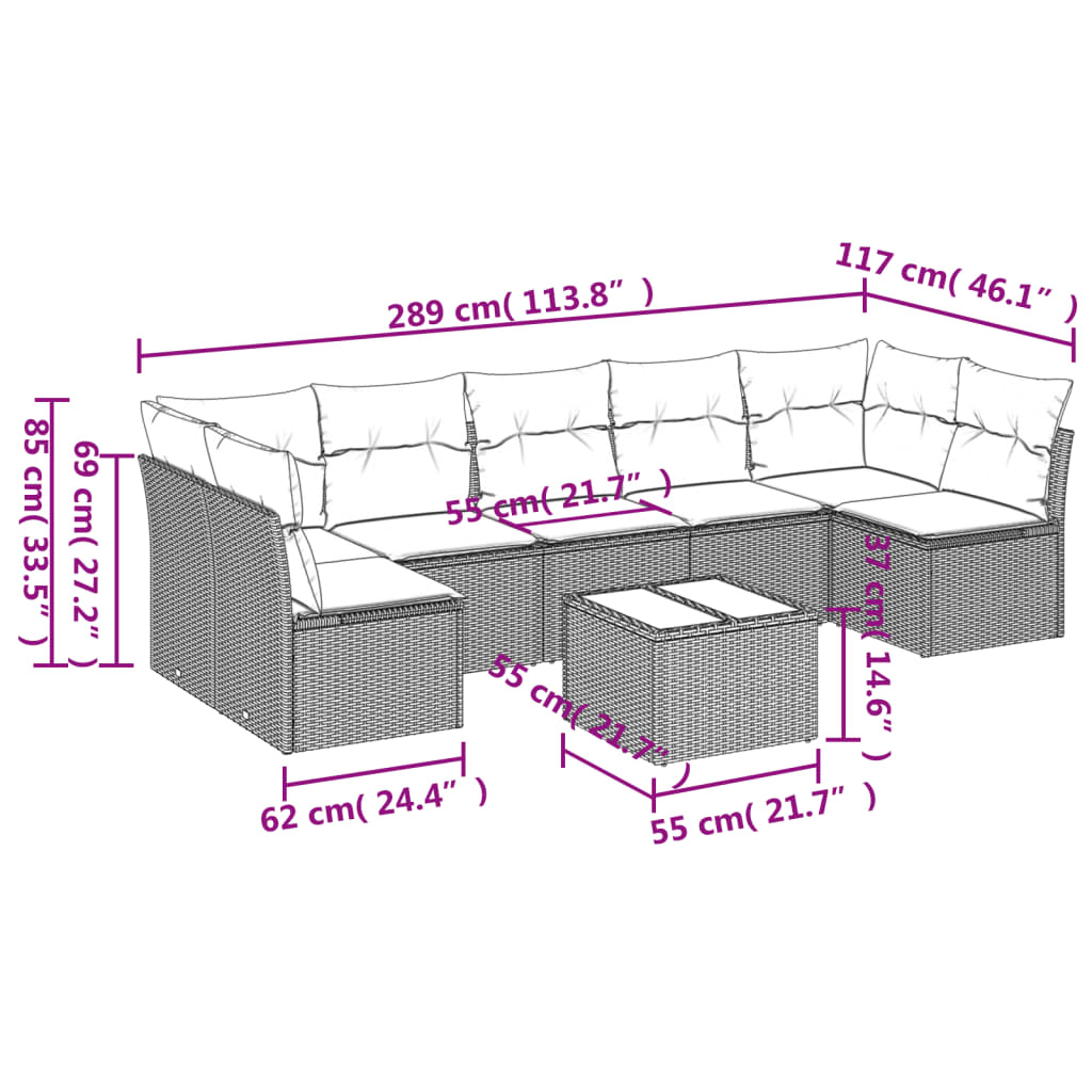 8-delige Loungeset met kussens poly rattan lichtgrijs